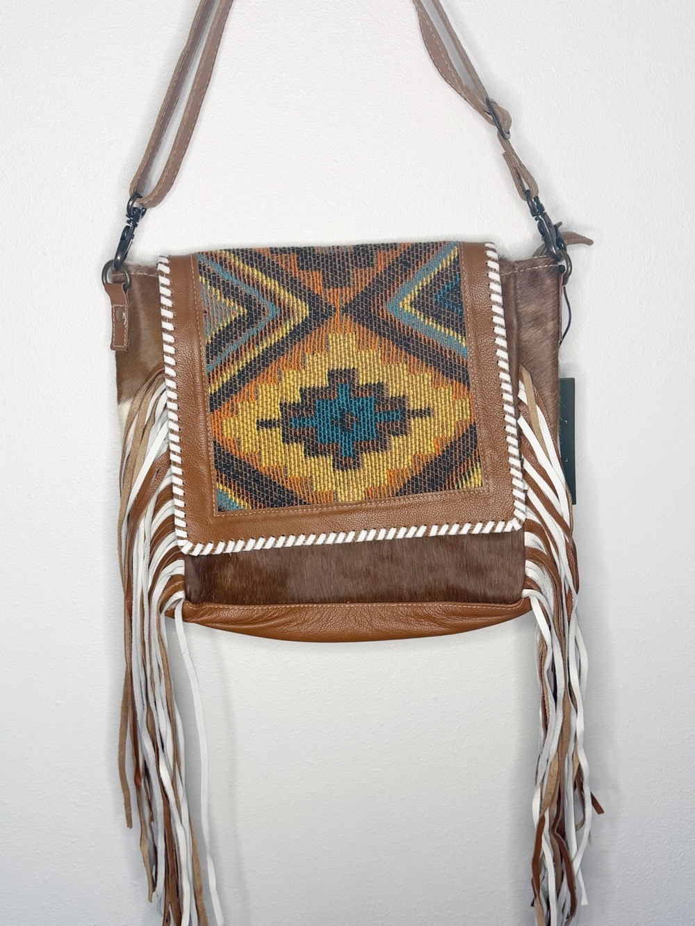 Boho Fringe Crossbody Bag in Brown with Southwestern Embroidery